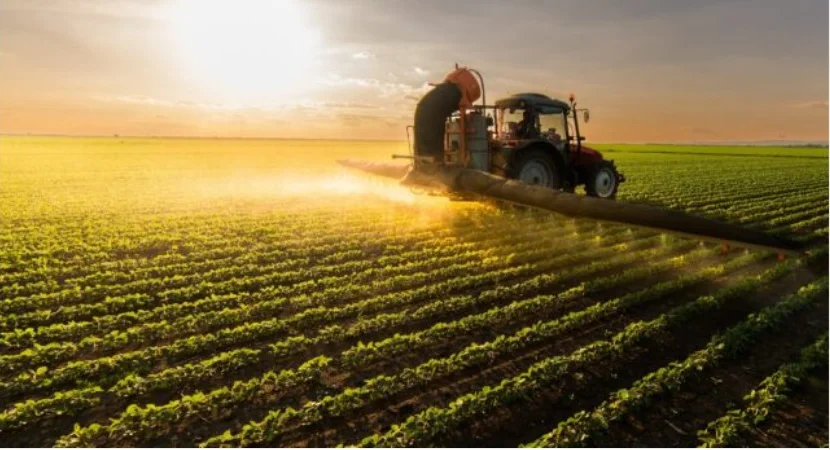 Traktor mit Feldspritze beim Pflanzenschutz im Abendlicht